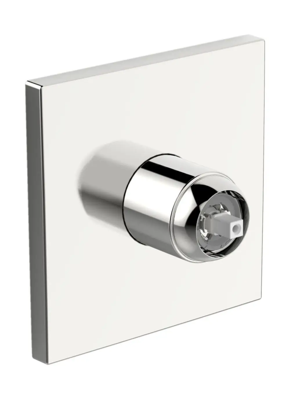 Fertigmontageset für Brausebatterie in quadratischer Chrom-Rosette von HANSA mit einem runden Bedienknopf für Wasserregulierung.